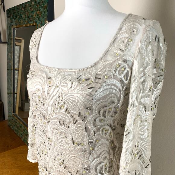 Kay Unger Size 14 Women's Long Sleeve Floral Lace Sequin Sheath Dress Formal - Picture 4 of 14